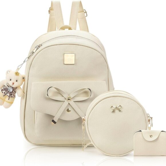Handbags - 3Pcs Leather Backpack Purse Set for Women Mini Bowknot Casual Travel